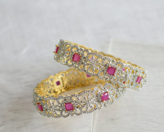Two tone cz-ruby block stone flower bangles(2.8) dj-49971