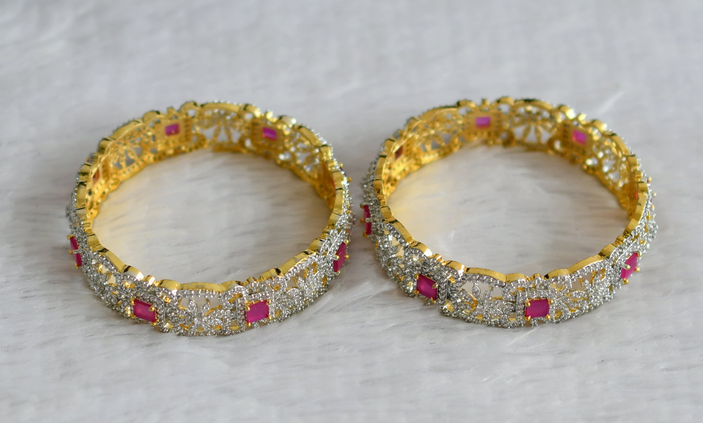 Two tone cz-ruby block stone flower bangles(2.8) dj-49971