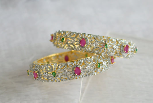 Two tone cz-ruby-green oval stone flower bangles(2.8) dj-49974