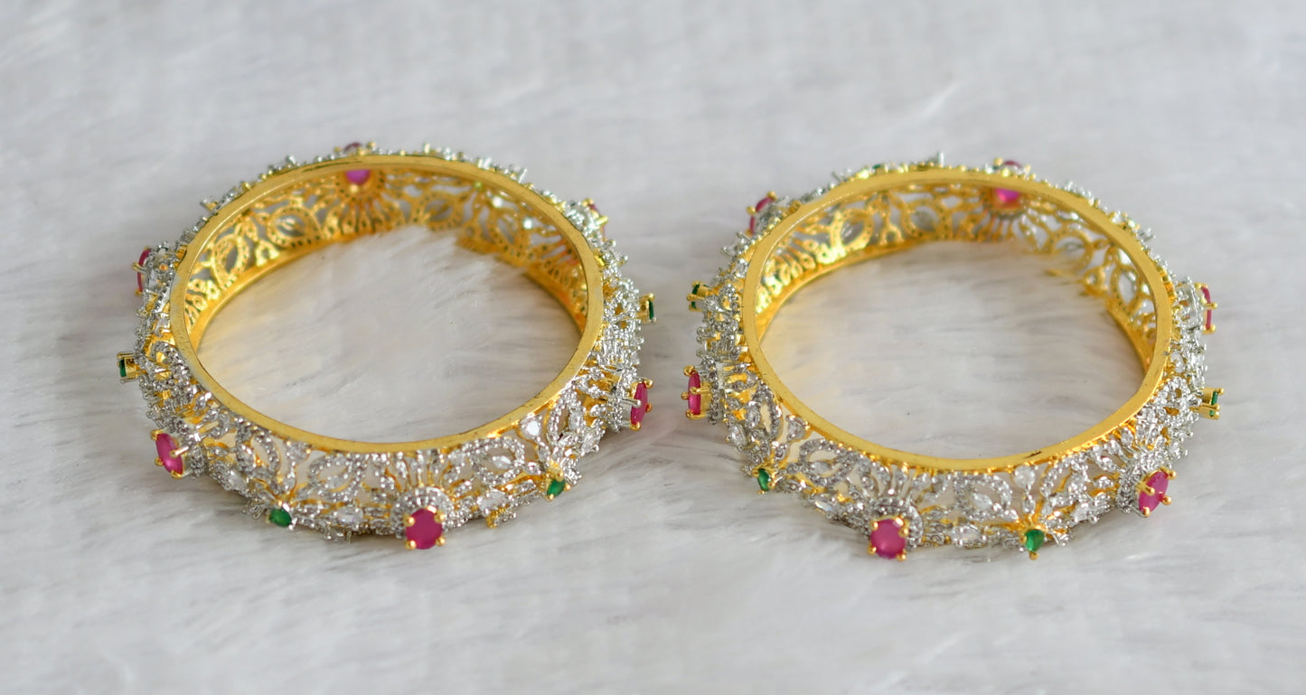 Two tone cz-ruby-green oval stone flower bangles(2.4) dj-49972