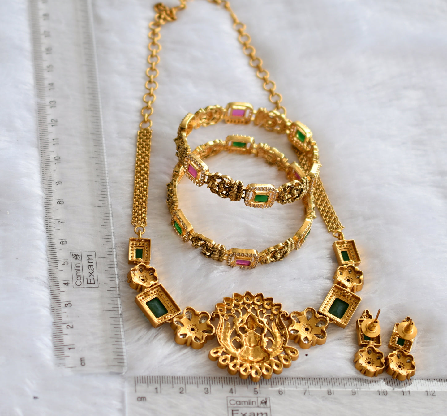 Matte finish ruby-green-white block stone lakshmi necklace combo set dj-46406