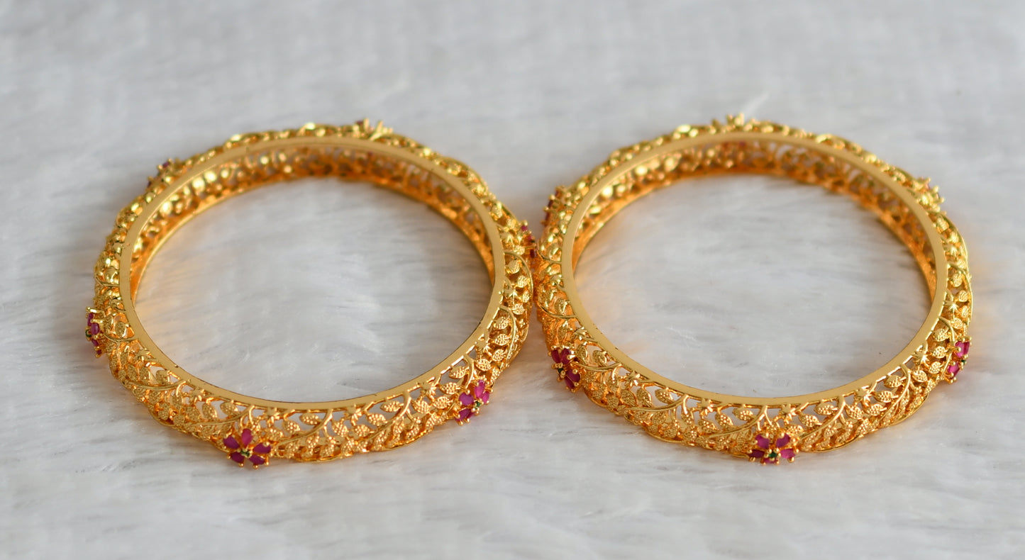 Gold tone ruby-green flower leaf bangles(2.6) dj-49949