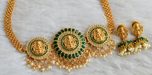 Matte finish cz green pearl cluster lakshmi choker necklace set dj-48393