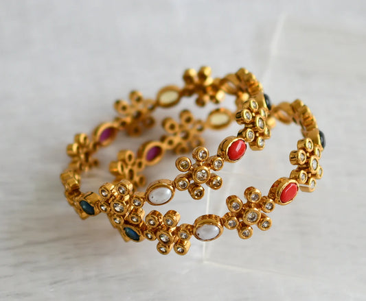 Antique gold tone cz-navarathna oval stone flower bangles(2.8) dj-50431