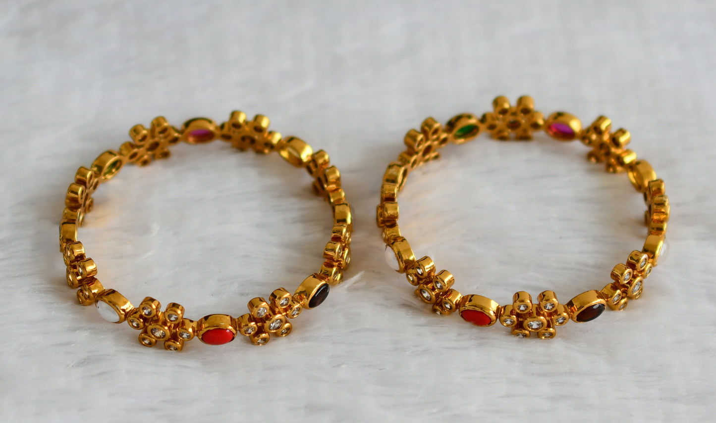 Antique gold tone cz-navarathna oval stone flower bangles(2.6) dj-50003