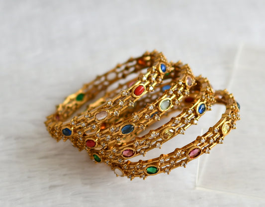 Antique gold tone cz-navarathna oval stone set of 4 bangles(2.4) dj-49999