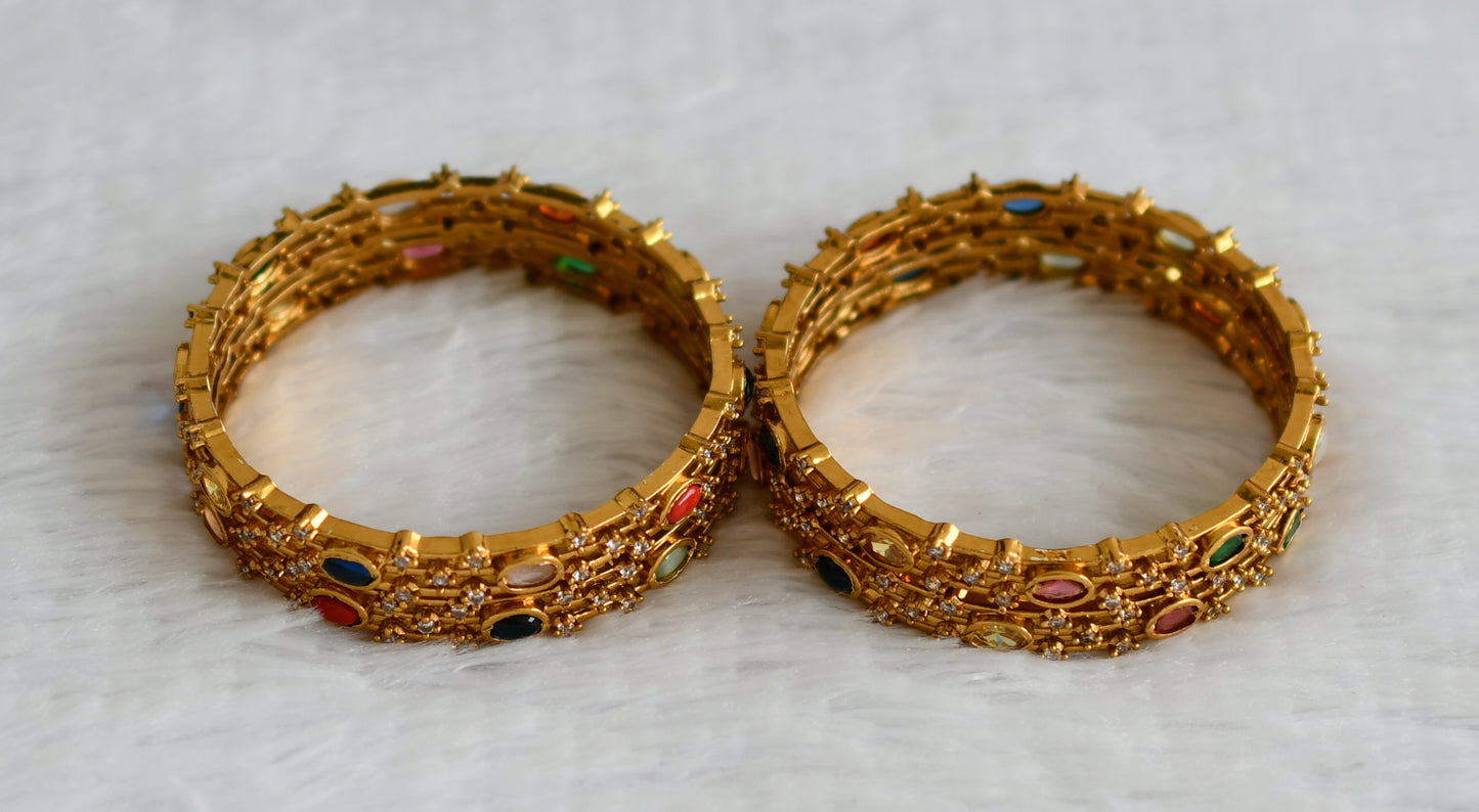 Antique gold tone cz-navarathna oval stone set of 4 bangles(2.4) dj-49999