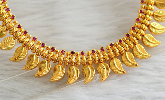 Gold tone pink stone kerala style mango leaf necklace dj-44598