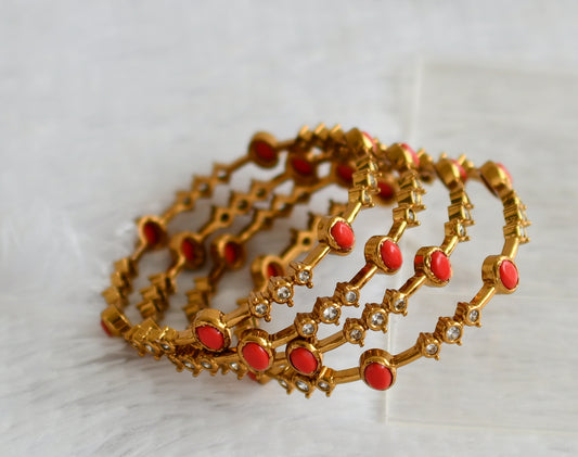Antique gold tone cz-coral oval stone set of 4 bangles(2.4) dj-49988