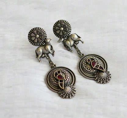 silver tone ruby peacock-cow long earrings dj-46421