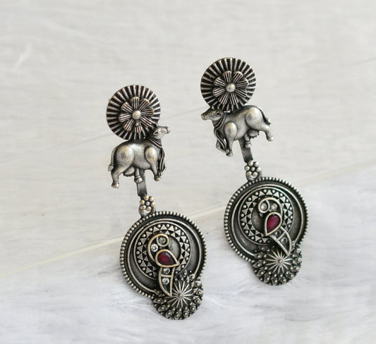 Silver tone ruby-white peacock-cow long earrings dj-46422