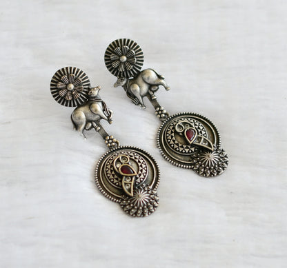 Silver tone ruby-white peacock-cow long earrings dj-46422