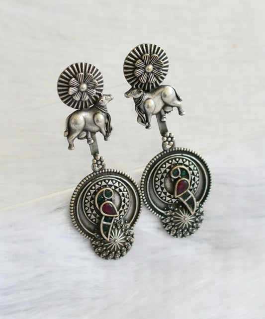 silver tone ruby-green peacock-cow long earrings dj-46420