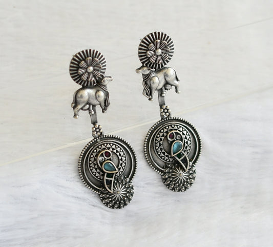 Silver tone multi color peacock-cow long earrings dj-46417
