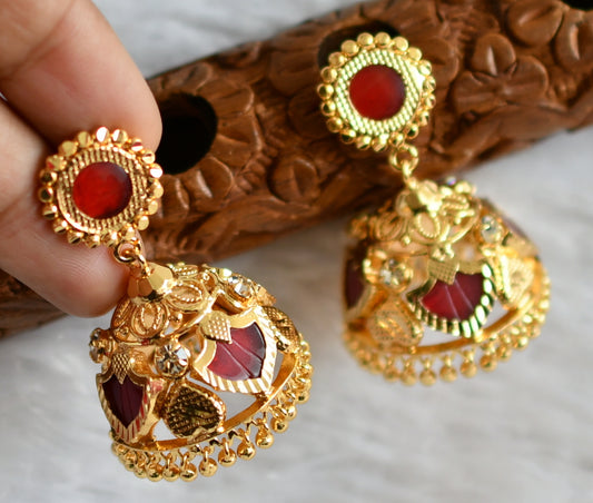 Gold tone kerala style red-white 4 petals palakka jhumkka dj-48032
