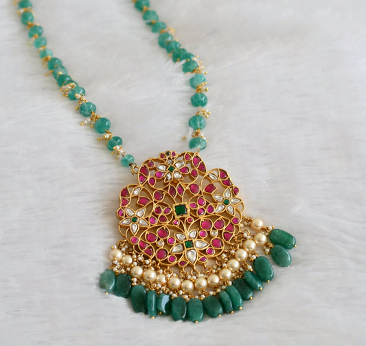 Gold tone pink-green-white kundan jadau pumpkin green beaded flower haar dj-50023