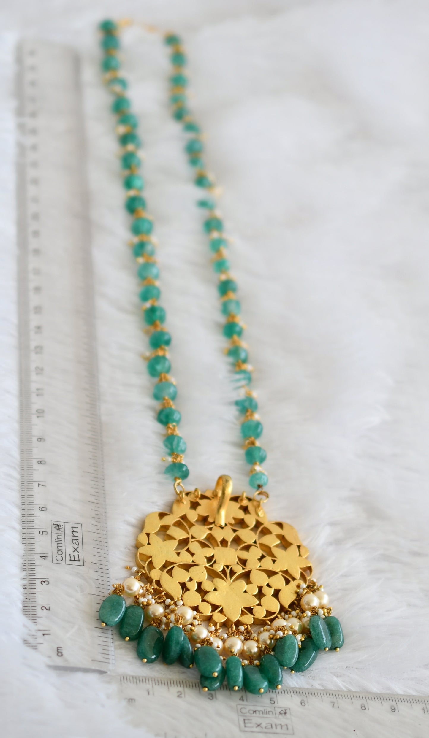 Gold tone pink-green-white kundan jadau pumpkin green beaded flower haar dj-50023