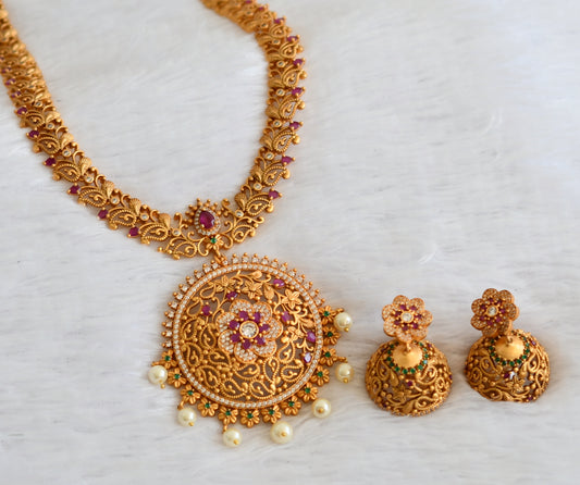 Matte finish cz ruby-green pearl flower mango haar set dj-50028