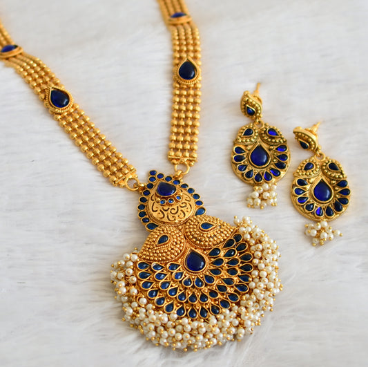 Antique gold tone blue stone pearl cluster mango haar set dj-50033