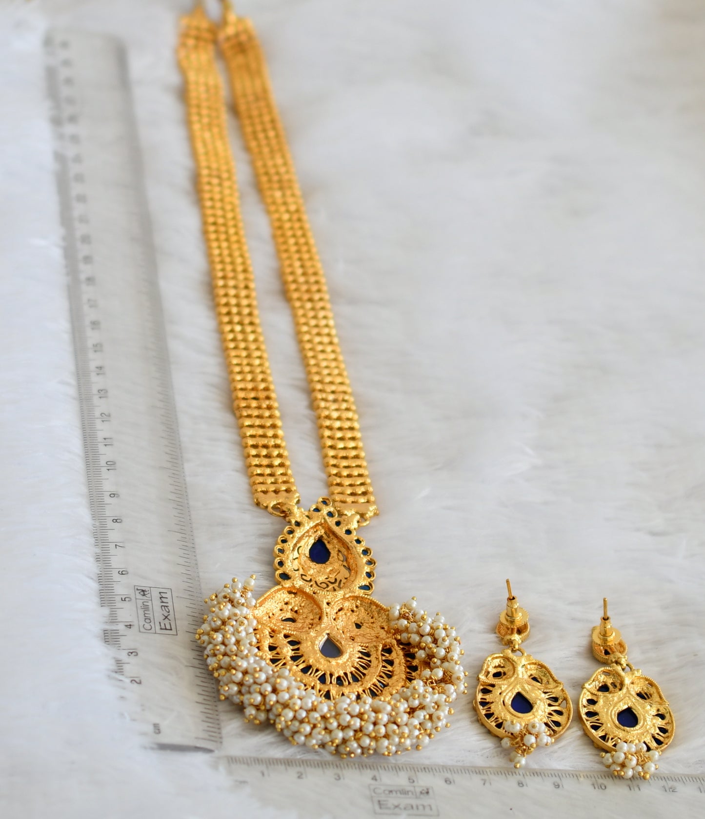 Antique gold tone blue stone pearl cluster mango haar set dj-50033