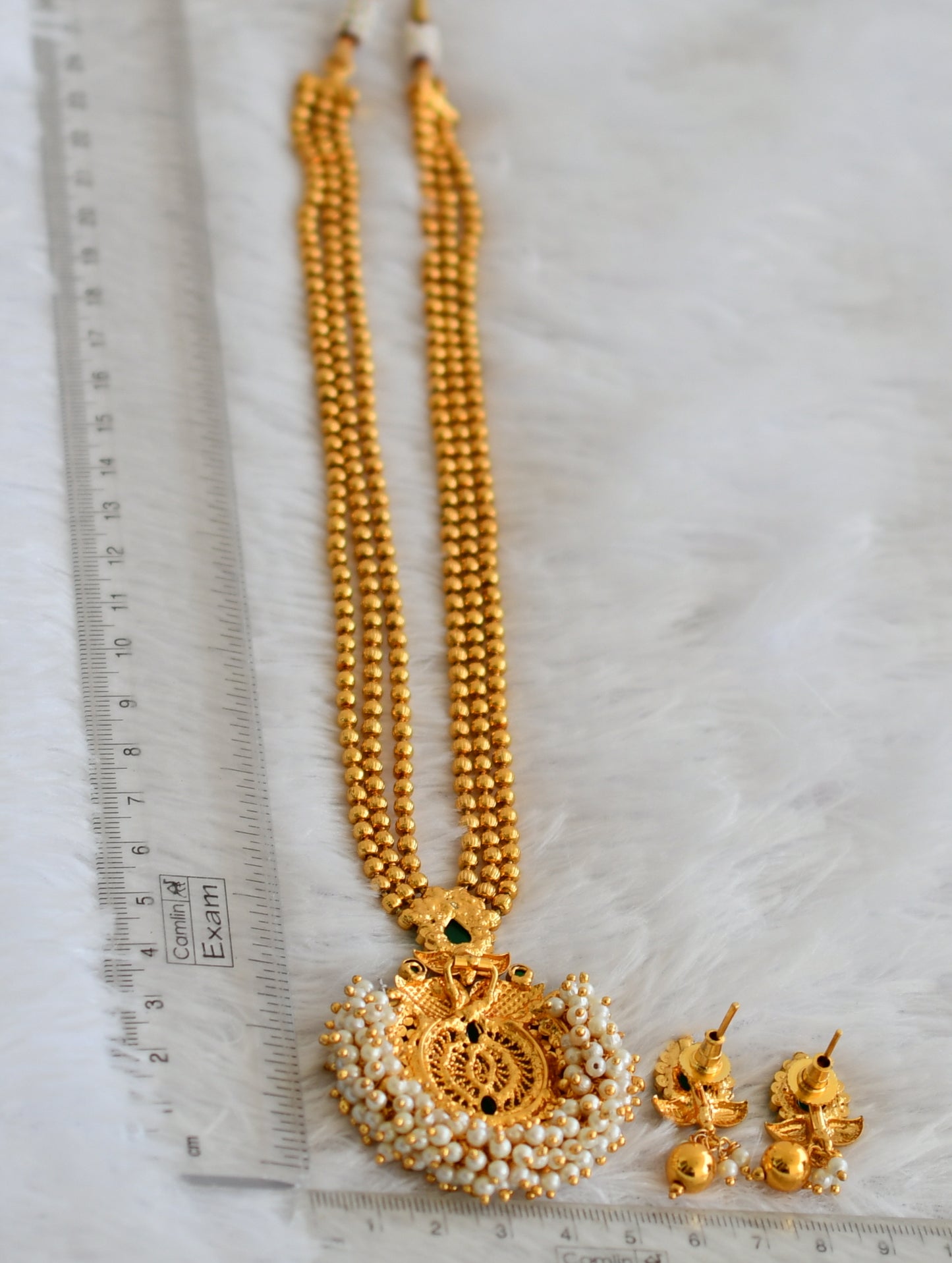 Antique gold tone green stone pearl cluster short haar set dj-50032