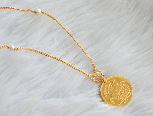 Gold tone 24 inches pearl chain with coin pendant dj-43112