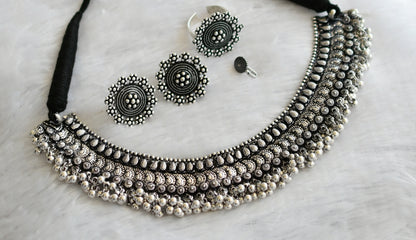 Silver tone black thread necklace combo set dj-46436