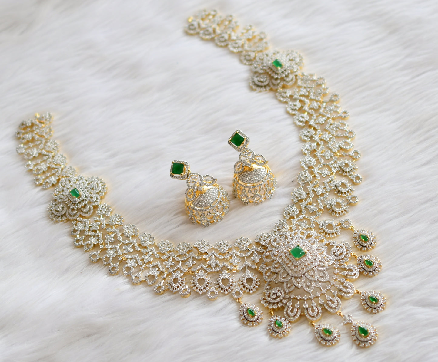 Two tone cz white-emerald block stone bridal necklace set dj-44642