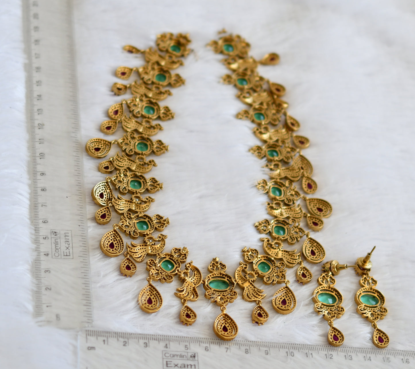 Antique gold tone cz pink-sea green peacock victorian short haar set dj-50049