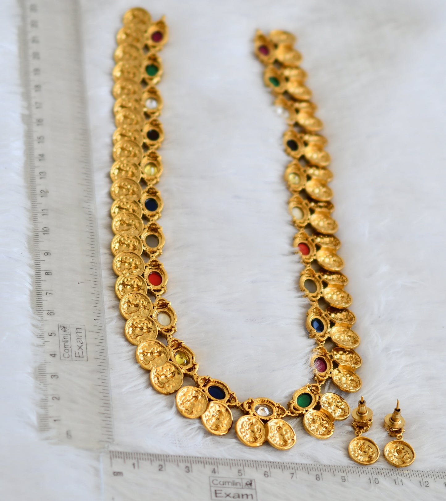 Matte finish cz navarathna oval stone lakshmi coin short haar set dj-50041
