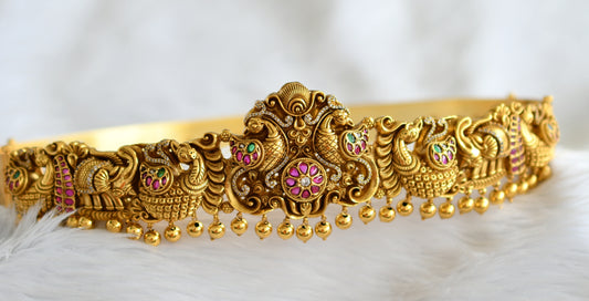 Antique gold tone real kemp-green-white peacock-elephant waist band dj-44654