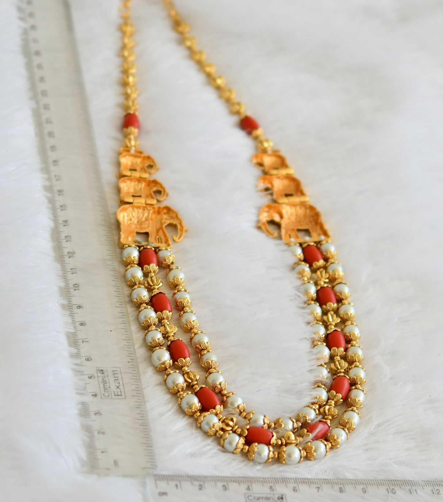 Matte finish coral-pearl beaded elephant mugappu layer short haar dj-50045