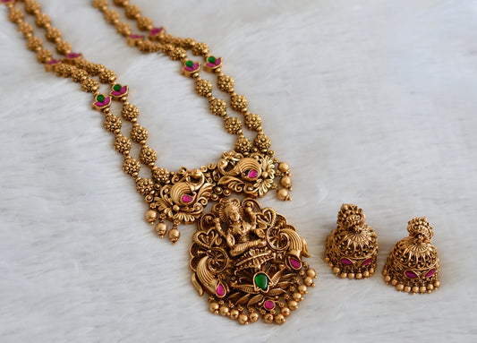 Matte finish pink-green kundan jadau lakshmi peacock double layer haar set dj-50050