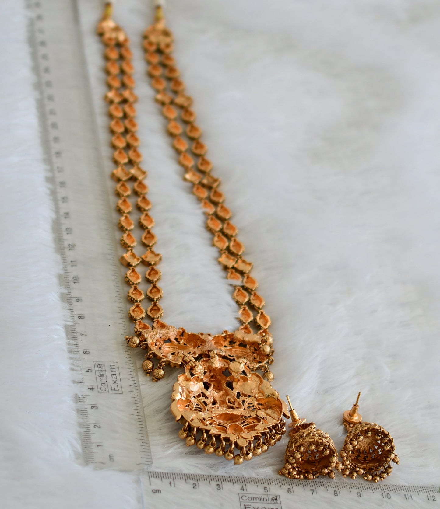 Matte finish pink-green kundan jadau lakshmi peacock double layer haar set dj-50050