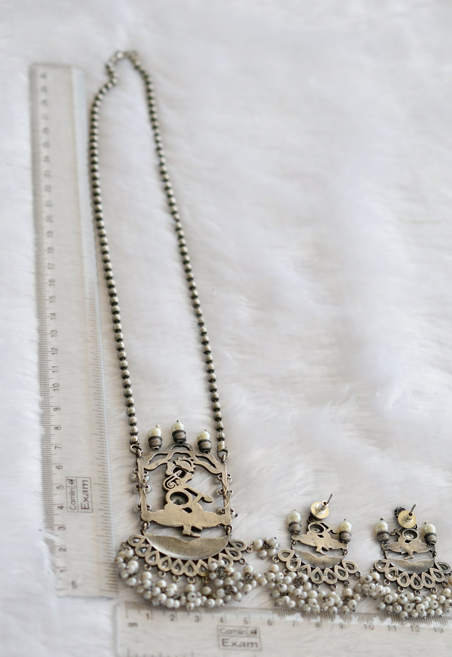 Silver tone blue-yellow-pearl ganesha haar set dj-46458