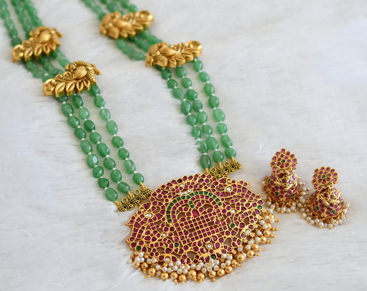 Matte finish kemp-green-white pearl cluster shiva ling peacock sea green beaded haar set dj-50052