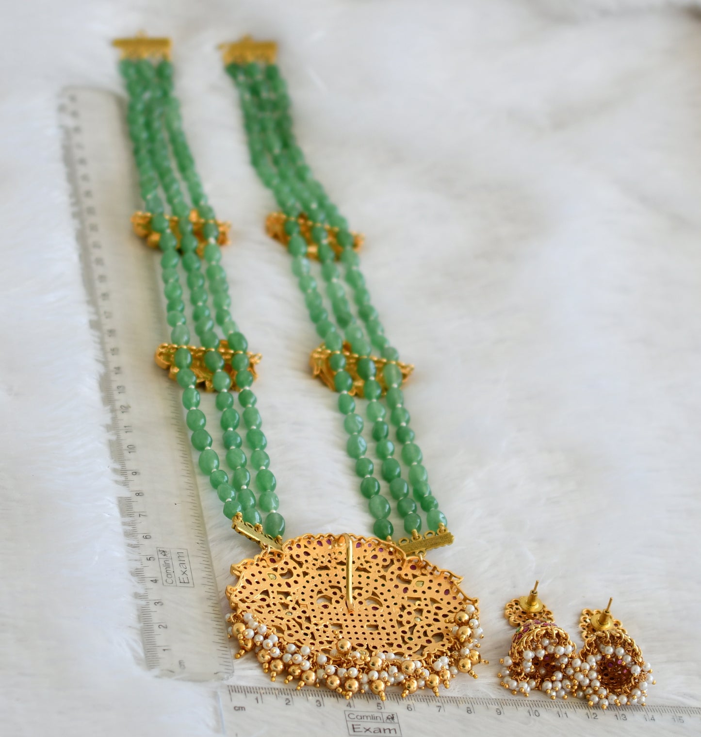 Matte finish kemp-green-white pearl cluster shiva ling peacock sea green beaded haar set dj-50052