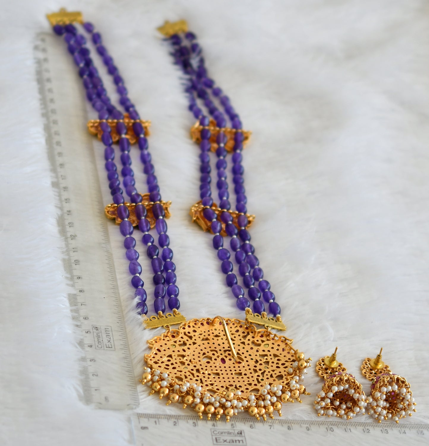 Matte finish kemp-green-white pearl cluster shiva ling peacock purple beaded haar set dj-50051