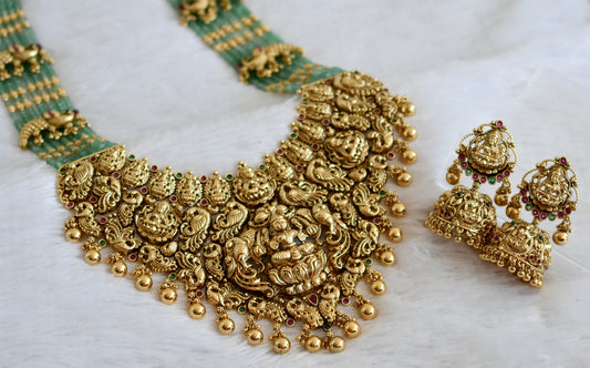 Antique gold tone kemp-green lakshmi peacock huge green beaded haar set dj-50063
