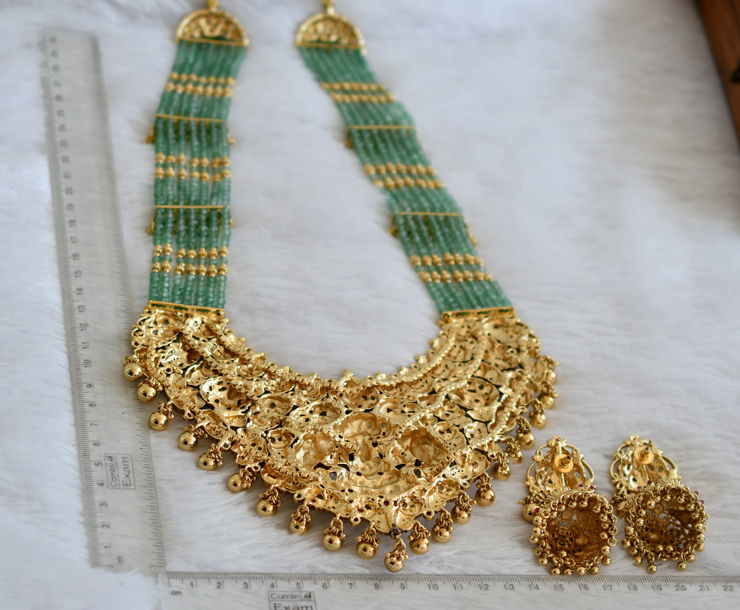 Antique gold tone kemp-green lakshmi peacock huge green beaded haar set dj-50063