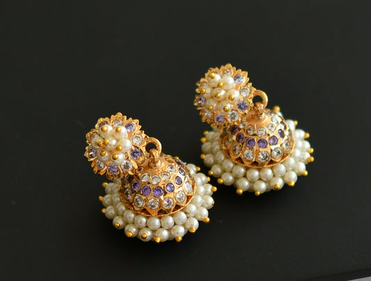 Gold tone South Indian style purple-white pearl jhumkka dj-43031