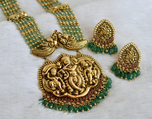 Antique gold tone kemp stone huge krishna pendant peacock green beaded haar set dj-50061