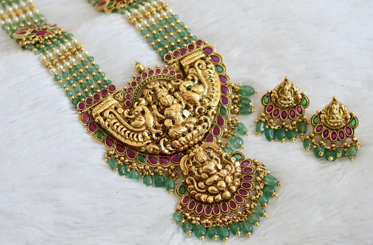 Antique gold tone kemp-green lakshmi peacock lotus green beaded haar set dj-50062