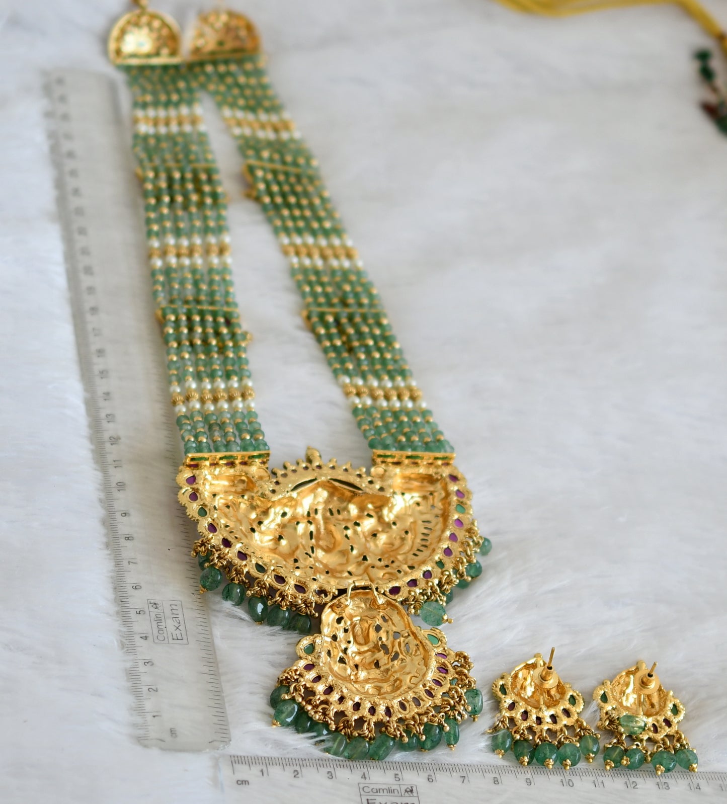 Antique gold tone kemp-green lakshmi peacock lotus green beaded haar set dj-50062