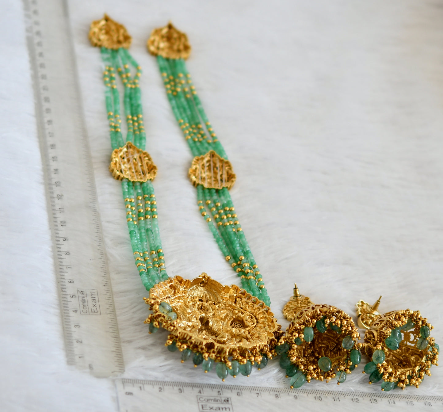 Antique gold tone cz kemp lakshmi peacock nakshi green beaaded haar set dj-50069