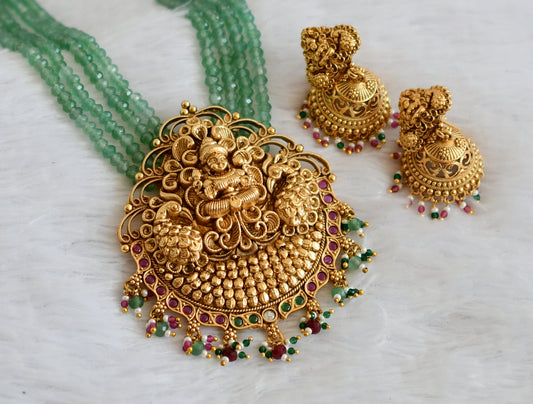 Antique gold tone kemp-green-white lakshmi peacock huge green beaded haar set dj-50068