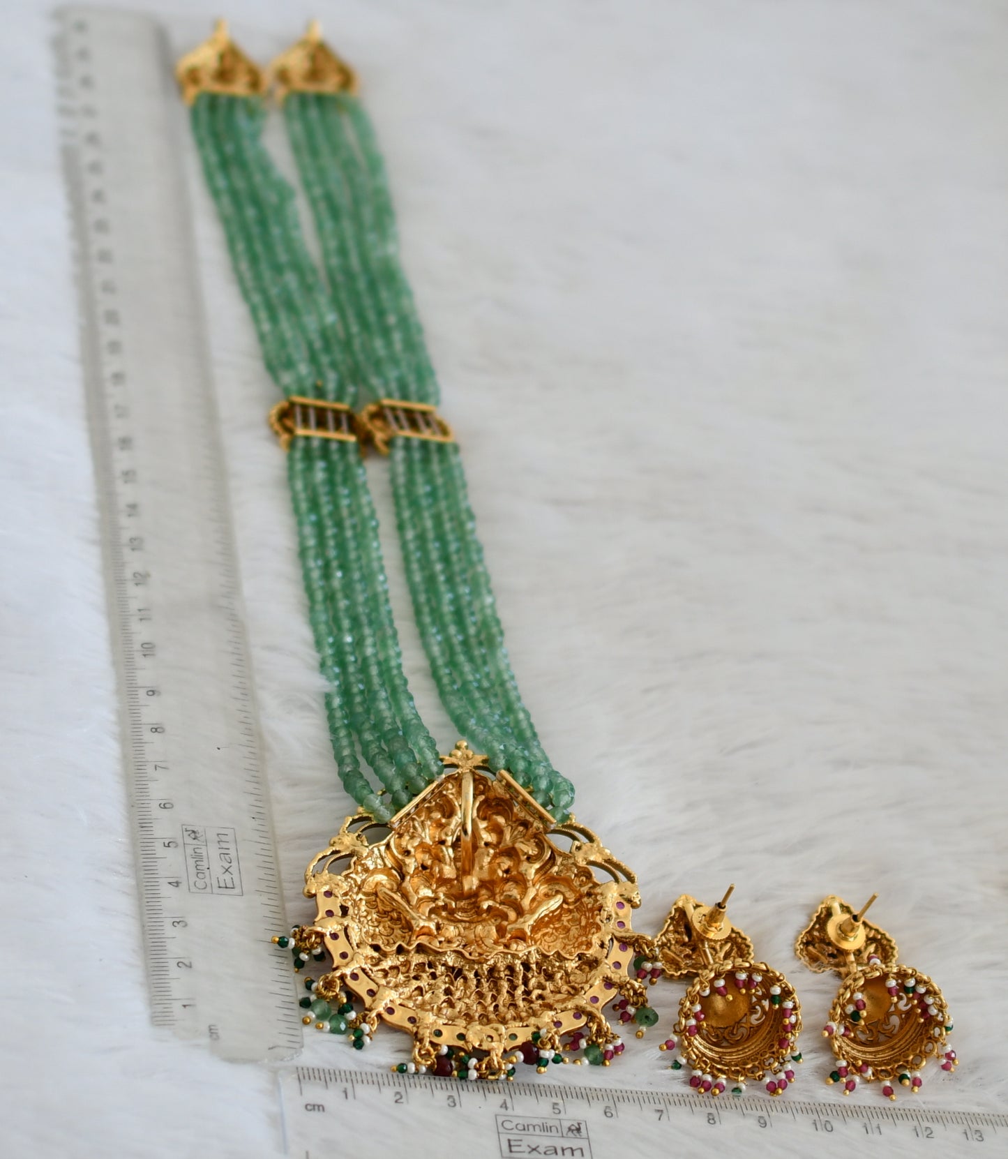 Antique gold tone kemp-green-white lakshmi peacock huge green beaded haar set dj-50068