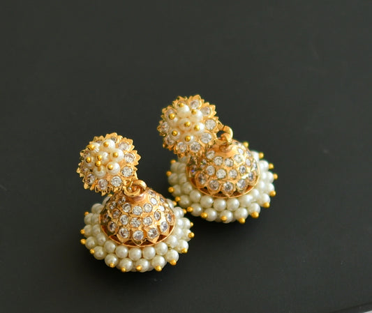 Gold tone ad white pearl south indian jhumkka dj-46467