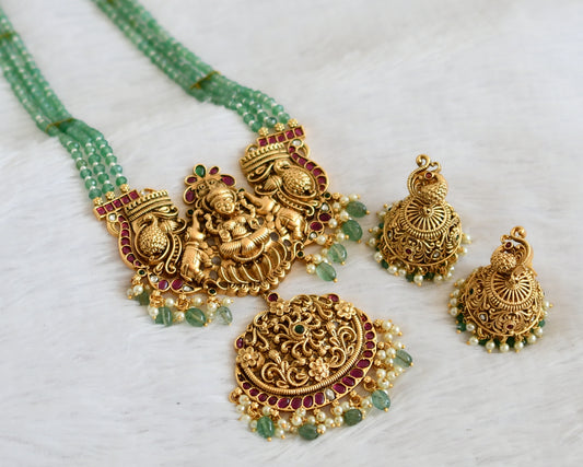 Matte finish kemp-green lakshmi peacock elephant huge green beaded haar set dj-50066