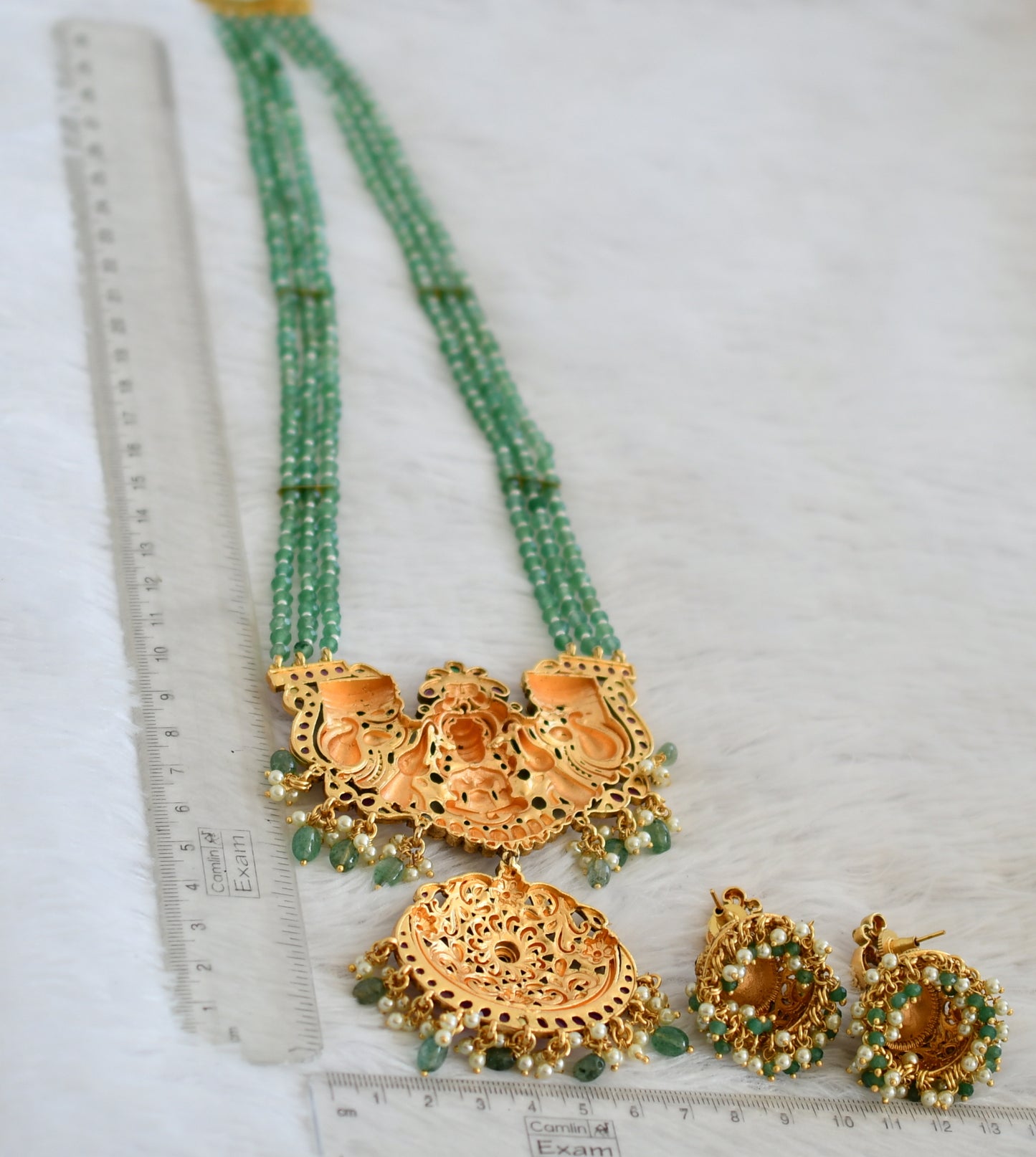 Matte finish kemp-green lakshmi peacock elephant huge green beaded haar set dj-50066
